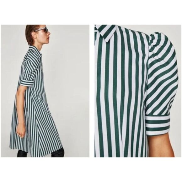 Zara Green and White Striped Shirt Tunic Style Dress xs‎ - Picture 3 of 12